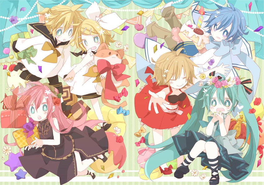 hatsune miku, kagamine rin, kagamine len, megurine luka, kaito, and 1 more (vocaloid) drawn by yoshiki