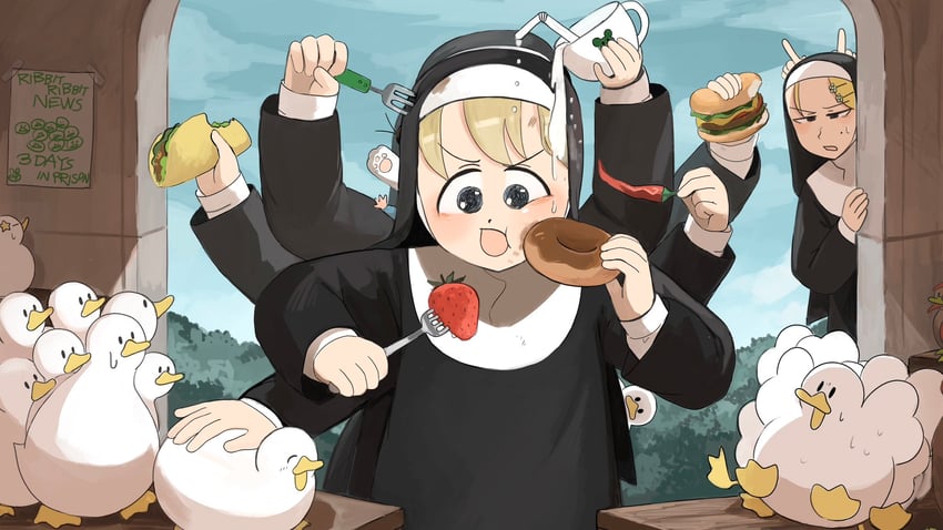 clumsy nun, froggy nun, spicy nun, strict nun, hungry nun, and 1 more (little nuns) drawn by diva_(hyxpk)