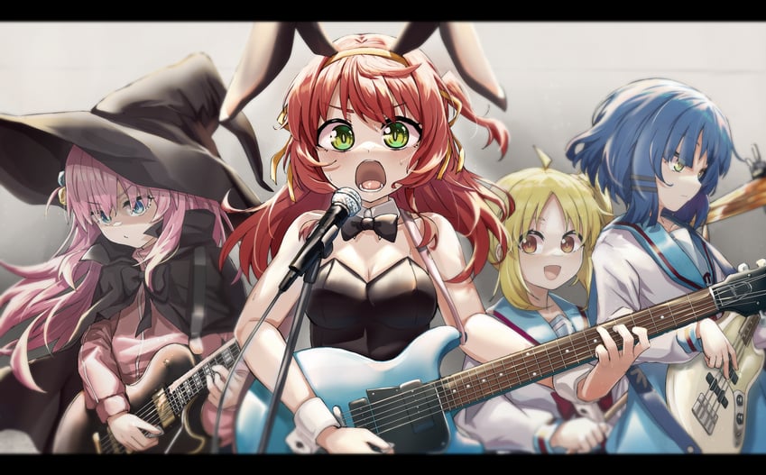 gotoh hitori, suzumiya haruhi, nagato yuki, kita ikuyo, ijichi nijika, and 1 more (bocchi the rock! and 1 more) drawn by sleepyowl_(jobkung15)