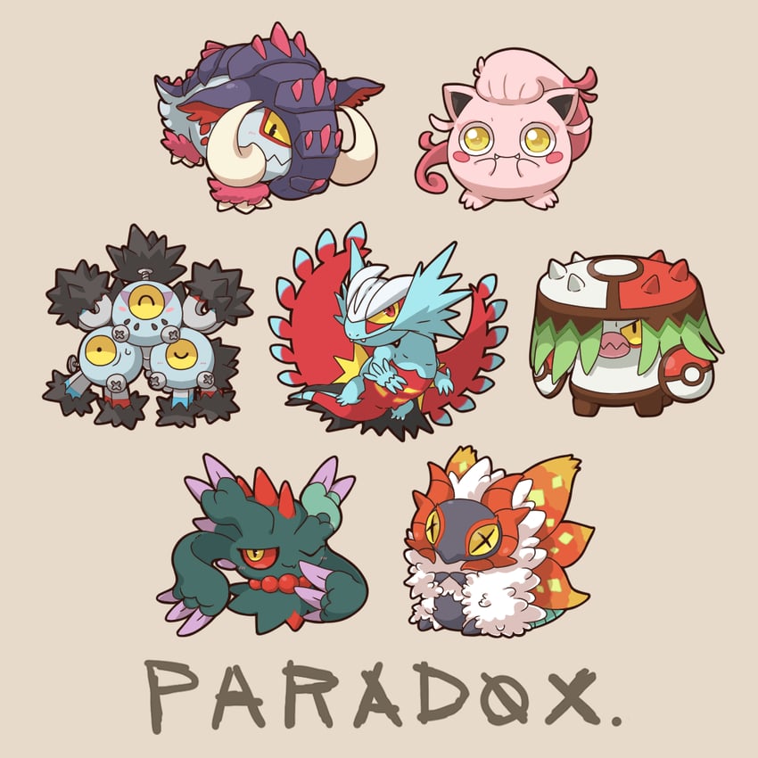 scream tail, flutter mane, slither wing, roaring moon, sandy shocks, and 2 more (pokemon) drawn by 2027_(submarine2027)