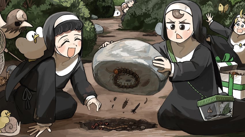 clumsy nun, froggy nun, sheep nun, shy nun, and curly nun (little nuns) drawn by diva_(hyxpk)