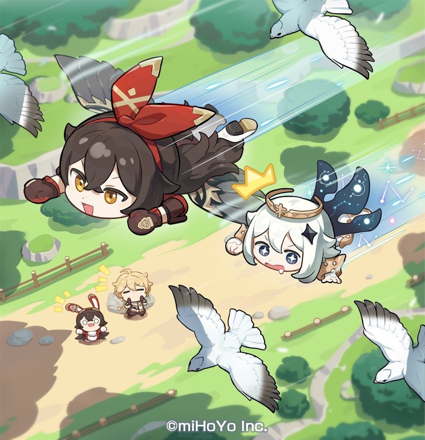 aether, paimon, amber, and baron bunny (genshin impact)