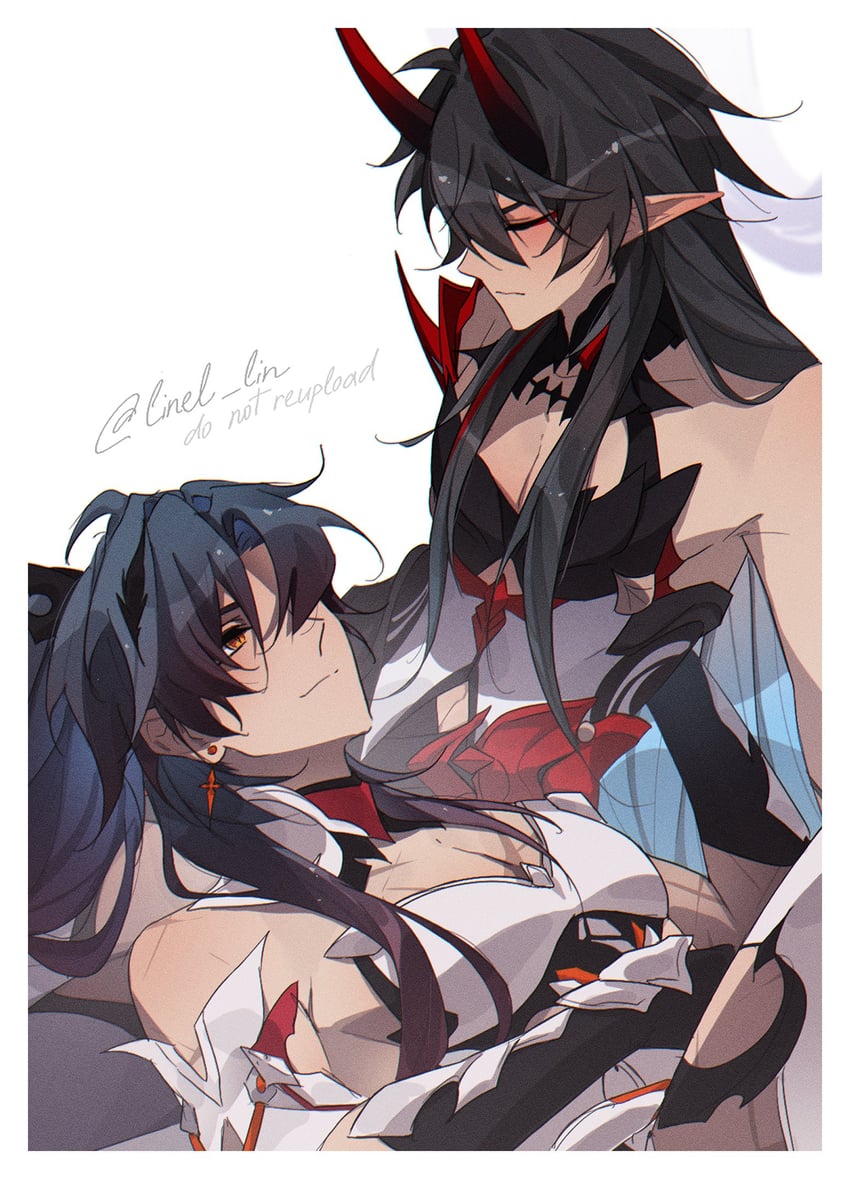 kiana kaslana, raiden mei, dan heng, and blade (honkai and 2 more) drawn by linel_lin
