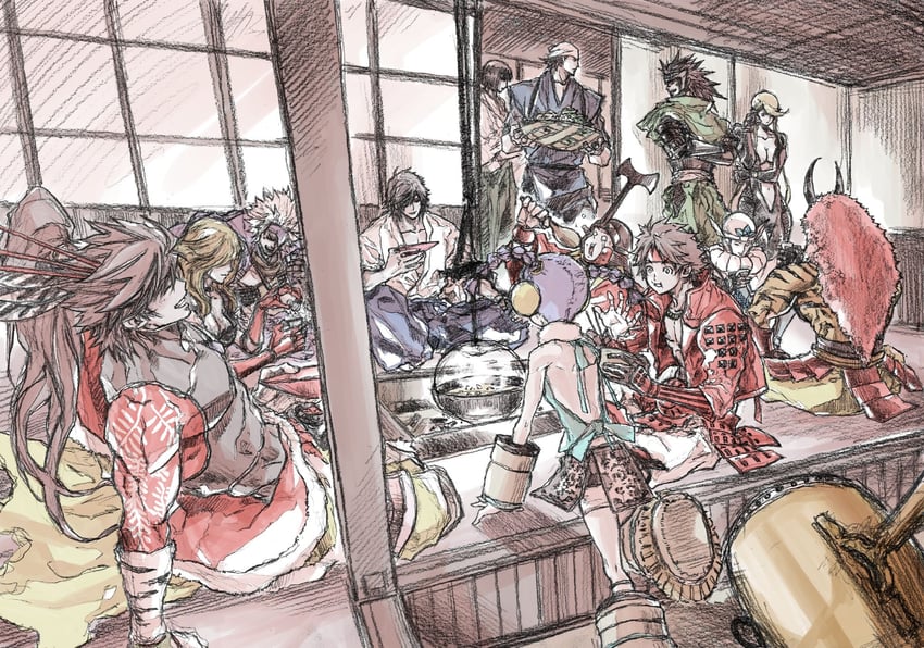 date masamune, chousokabe motochika, kasuga, sarutobi sasuke, katakura kojuurou, and 7 more (sengoku basara) drawn by yoshihara_motoki