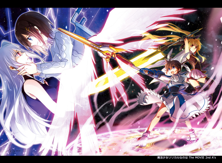 fate testarossa, takamachi nanoha, yagami hayate, raising heart, bardiche, and 1 more (lyrical nanoha and 3 more) drawn by aki_(neyuki41028)
