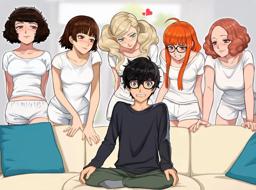 amamiya ren, takamaki anne, sakura futaba, niijima makoto, okumura haru, and 1 more (persona and 1 more) drawn by neggoartz