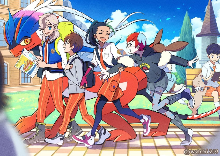 florian, nemona, arven, penny, koraidon, and 1 more (pokemon and 1 more) drawn by kaichi210