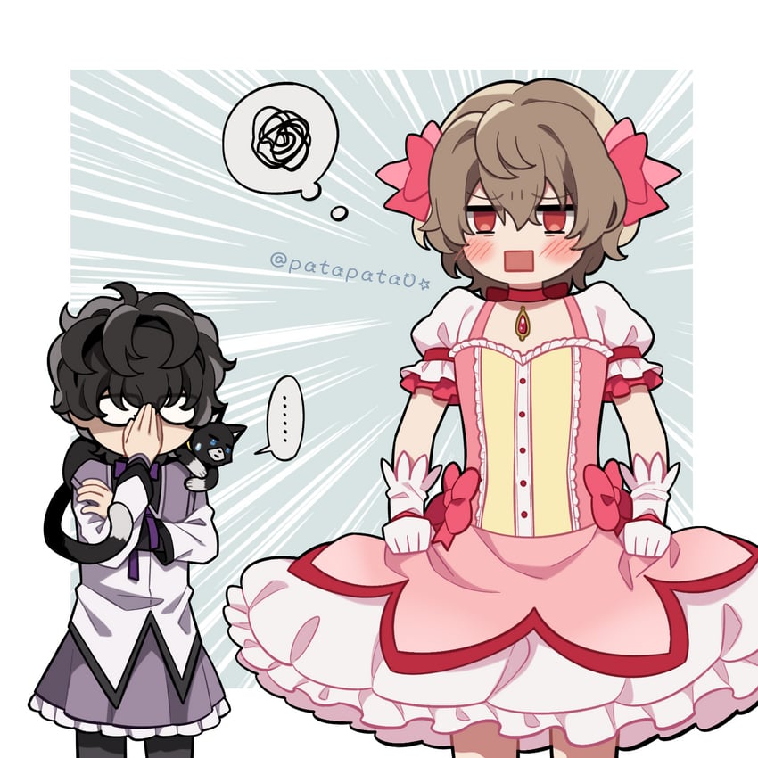 akemi homura, kaname madoka, amamiya ren, akechi gorou, and morgana (mahou shoujo madoka magica and 2 more) drawn by zozakura