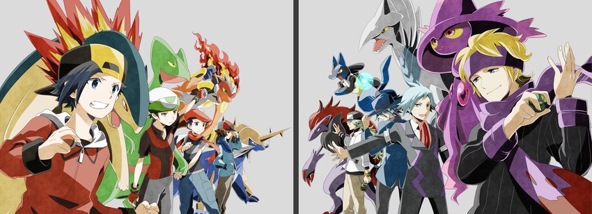 ethan, lucario, hilbert, n, brendan, and 11 more (pokemon and 5 more) drawn by dante0909