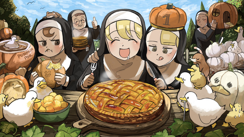 clumsy nun, froggy nun, spicy nun, star nun, and pancake nun (little nuns) drawn by diva_(hyxpk)