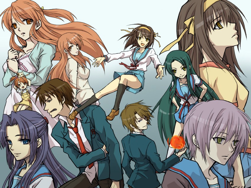 suzumiya haruhi, nagato yuki, asahina mikuru, kyon, asakura ryoko, and 4 more (suzumiya haruhi no yuuutsu) drawn by naoya_(pixiv)
