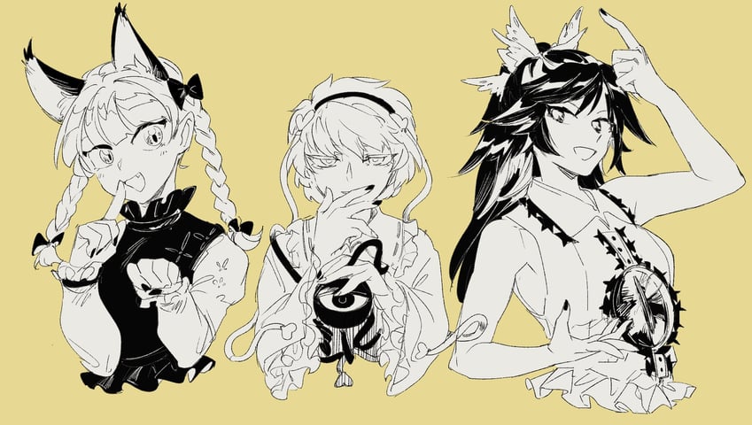 komeiji satori, kaenbyou rin, and reiuji utsuho (touhou) drawn by chamaruk