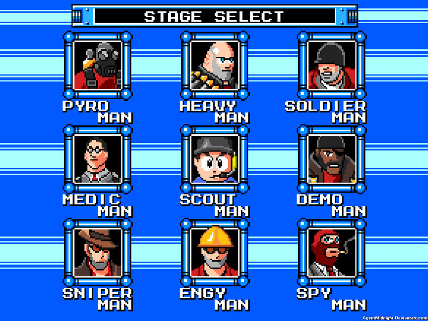 pyro, red pyro, scout, engineer, medic, and 13 more (mega man and 1 more) drawn by agentmidnight