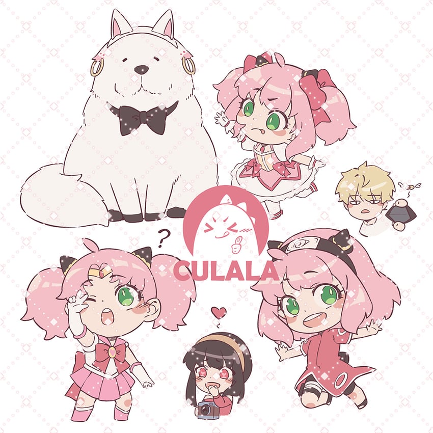 kaname madoka, yor briar, kyubey, anya, haruno sakura, and 3 more (mahou shoujo madoka magica and 4 more) drawn by zoe_(killyou80)
