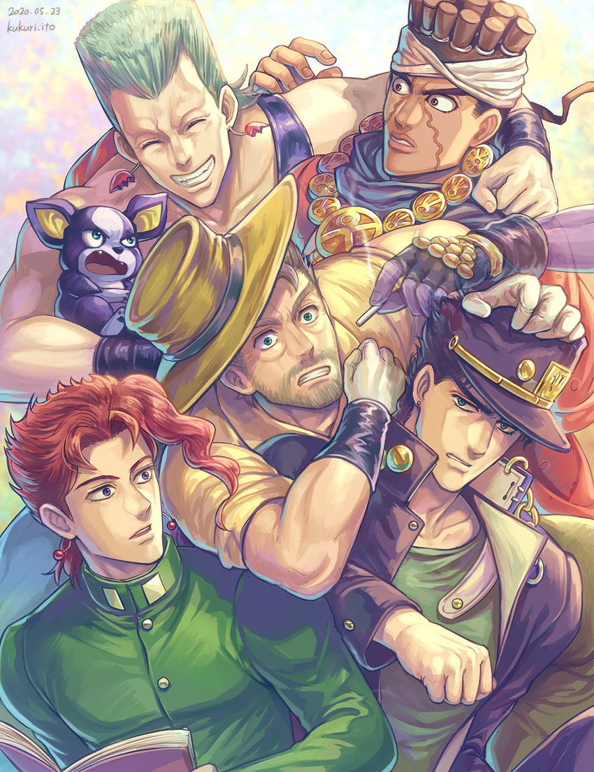 joseph joestar, kujo jotaro, kakyoin noriaki, jean pierre polnareff, star platinum, and 2 more (jojo no kimyou na bouken and 1 more) drawn by dyresbroom