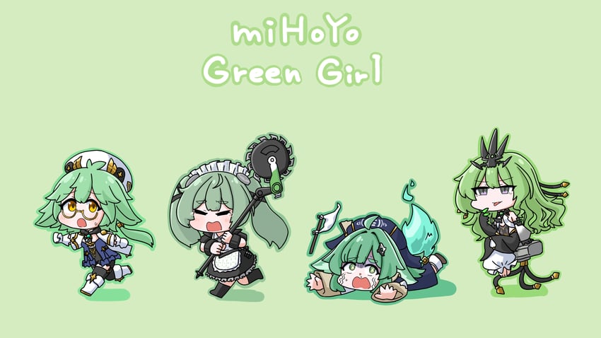 mobius, sucrose, corin wickes, and huohuo (genshin impact and 5 more) drawn by mokkyo_(motkyo)