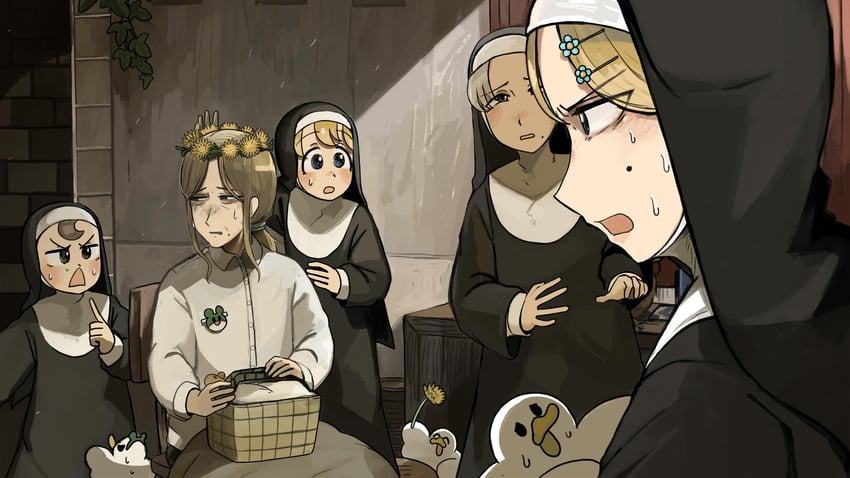 clumsy nun, froggy nun, strict nun, smug nun, and strict nun's mother (little nuns) drawn by diva_(hyxpk)