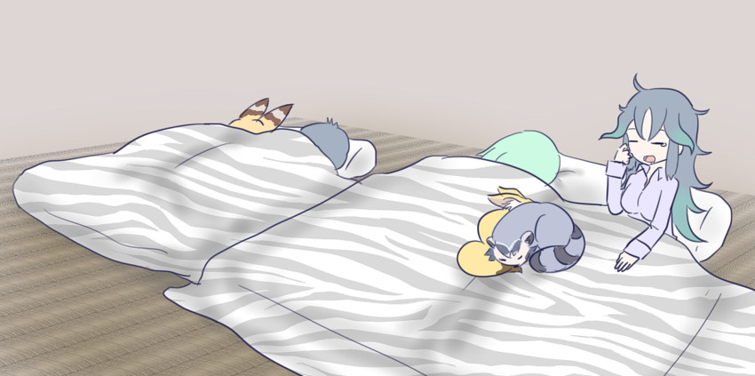 serval, kaban, common raccoon, fennec, mirai, and 1 more (kemono friends) drawn by raya_(yuri15923)