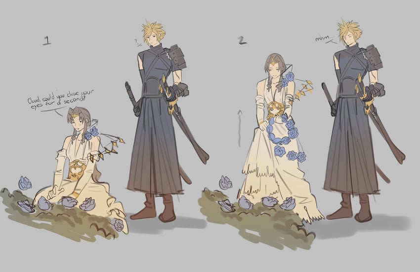 cloud strife and aerith gainsborough (final fantasy and 2 more) drawn by mmmckayyy