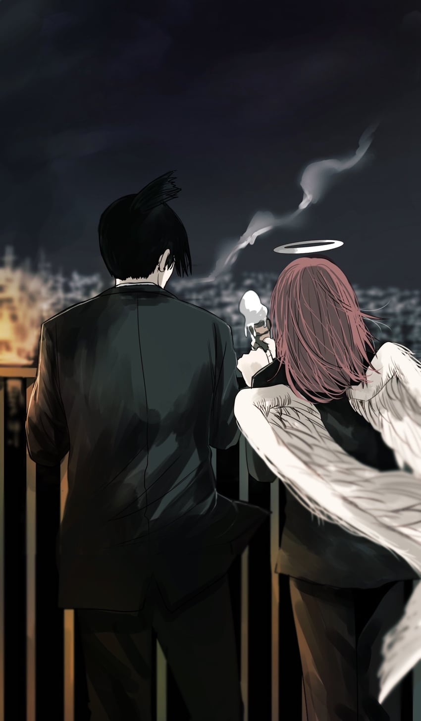 hayakawa aki and angel devil (chainsaw man) drawn by gunjyou_(gunjyou_00)