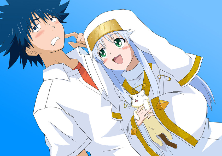 kamijou touma, index, and sphinx (toaru majutsu no index) drawn by galsink