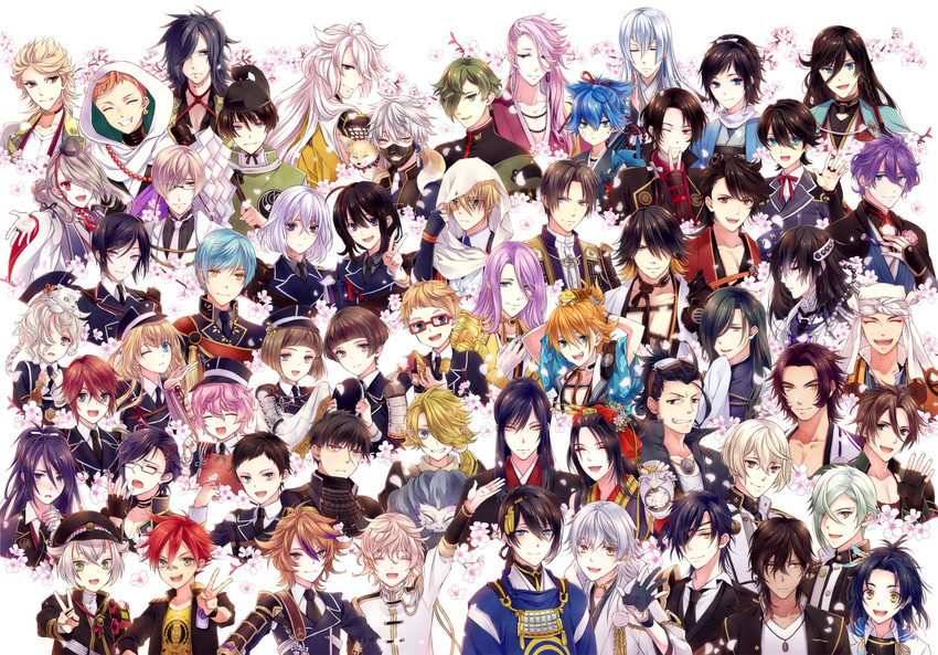 mikazuki munechika, kashuu kiyomitsu, yamato-no-kami yasusada, tsurumaru kuninaga, namazuo toushirou, and 57 more (touken ranbu) drawn by uzuki_eri