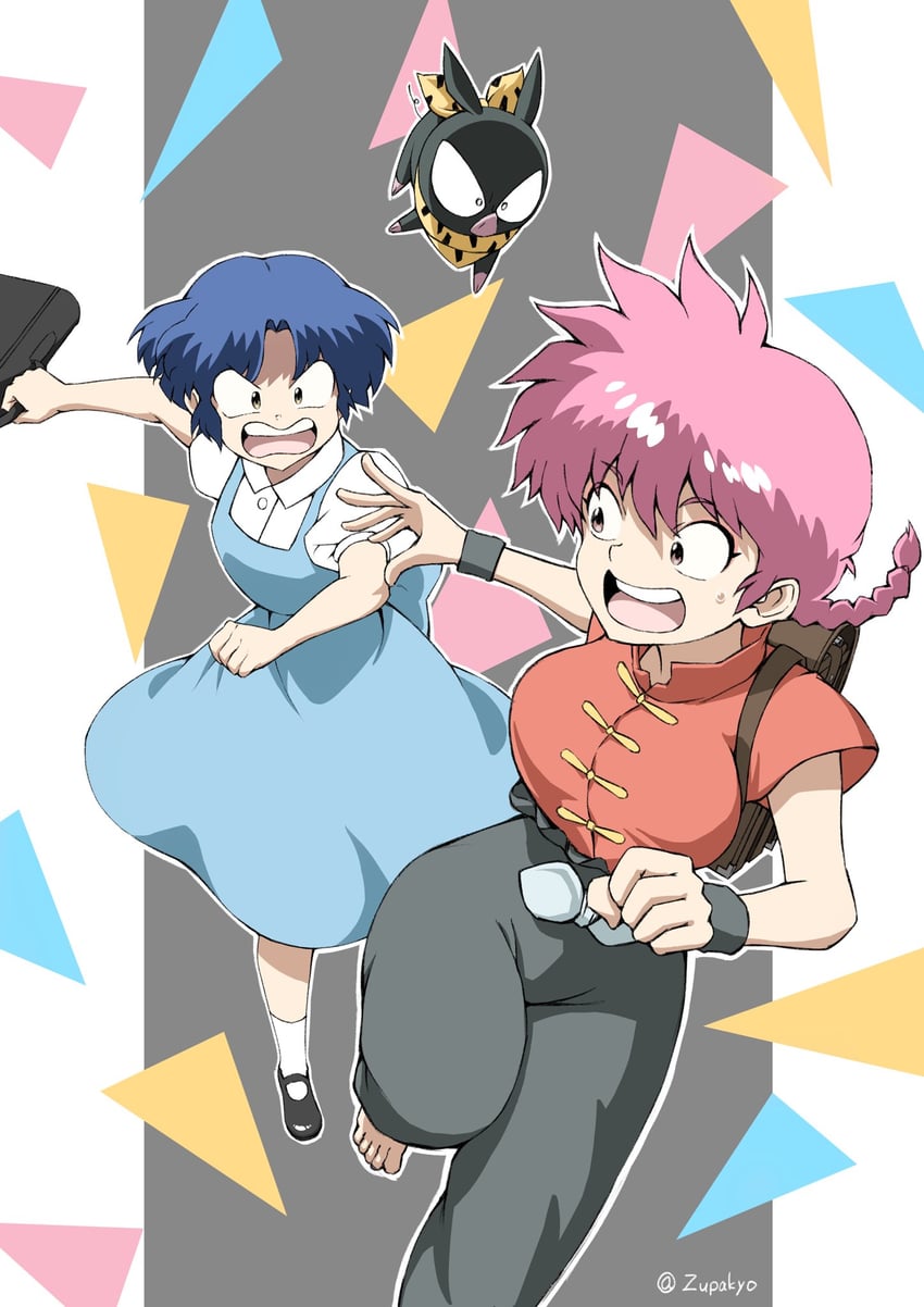 ranma-chan, tendou akane, and p-chan (ranma 1/2) drawn by zupakyo