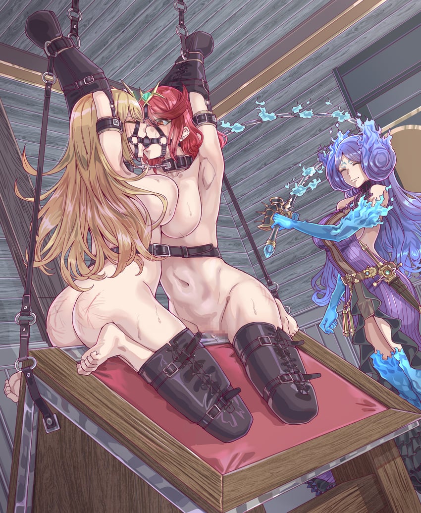 pyra, mythra, and brighid (xenoblade chronicles and 1 more) drawn by leveen