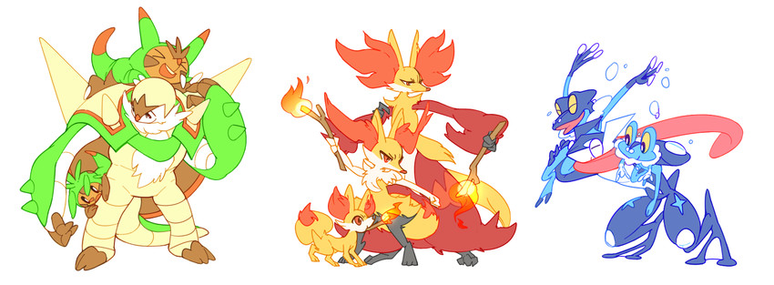 braixen, fennekin, greninja, chespin, froakie, and 4 more (pokemon) drawn by yamakaji
