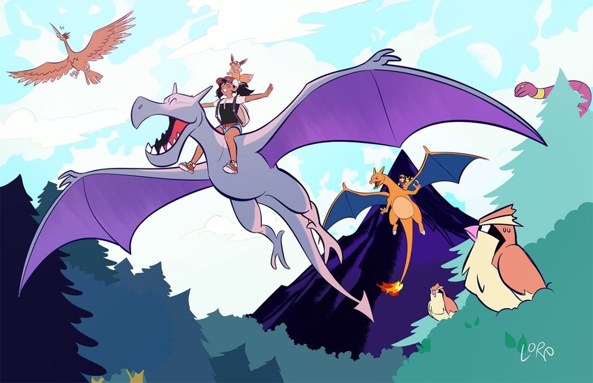 pikachu, eevee, charizard, pidgey, elaine, and 4 more (pokemon and 1 more) drawn by lora_merrimen