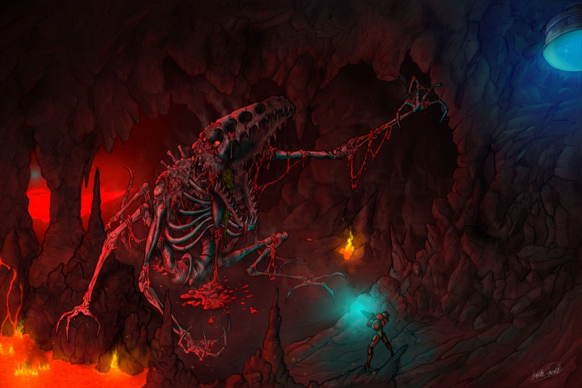 samus aran and crocomire (metroid and 1 more) drawn by justin_fairfield