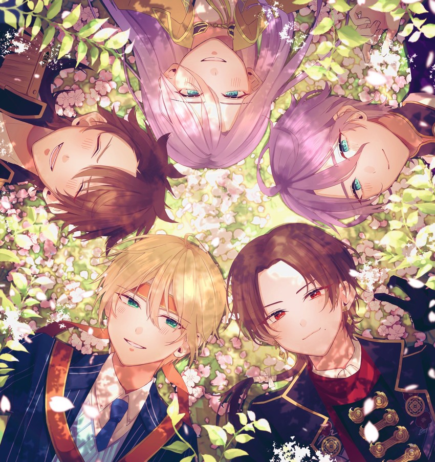 kashuu kiyomitsu, yamanbagiri kunihiro, mutsu-no-kami yoshiyuki, kasen kanesada, and hachisuka kotetsu (touken ranbu) drawn by yonemaru