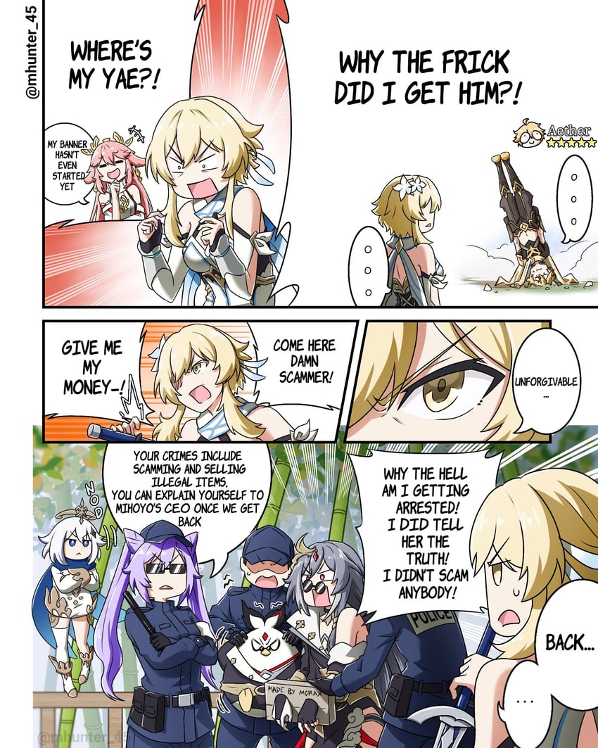 lumine, aether, yae miko, keqing, paimon, and 2 more (genshin impact and 3 more) drawn by mhunter_45