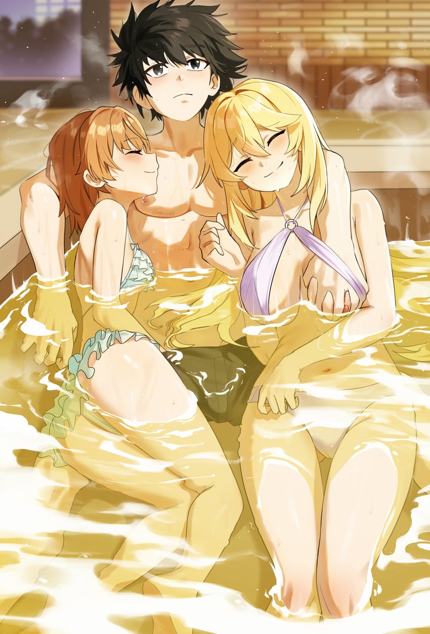 misaka mikoto, shokuhou misaki, and kamijou touma (toaru majutsu no index and 1 more) drawn by waligner