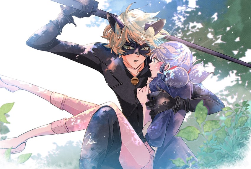 marinette dupain-cheng, adrien agreste, and chat noir (miraculous ladybug) drawn by k202840fukuona
