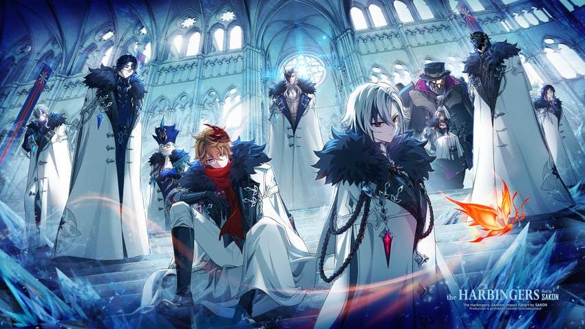 tartaglia, arlecchino, columbina, capitano, dottore, and 5 more (genshin impact) drawn by sakon04