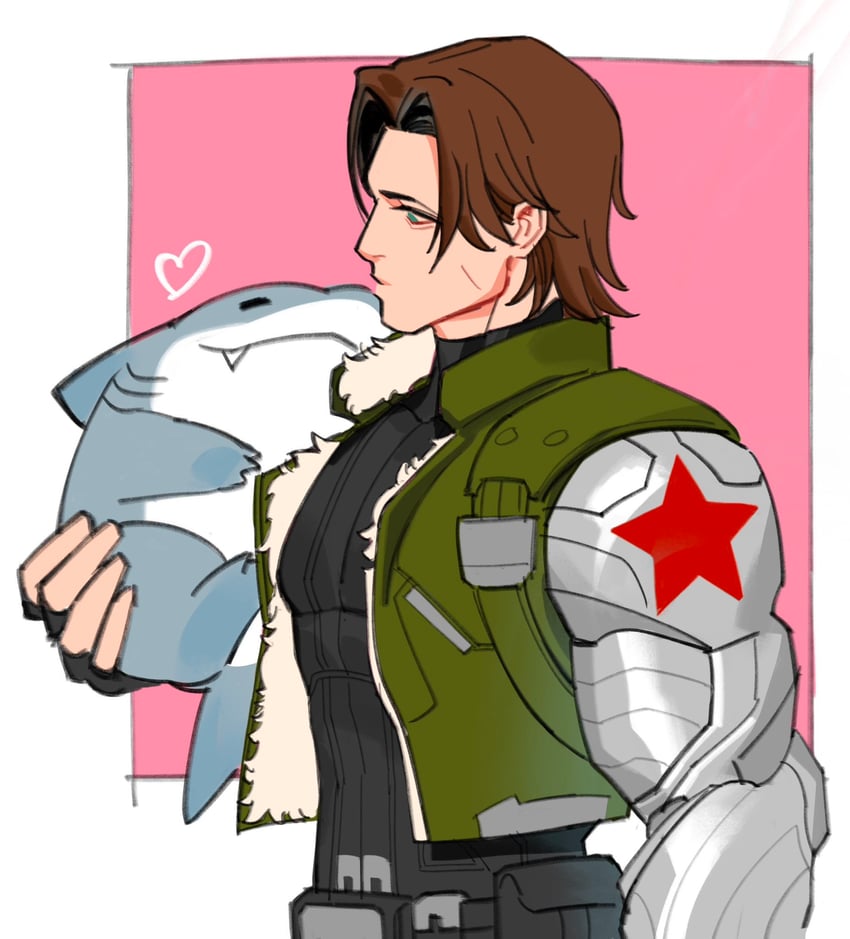bucky barnes, winter soldier, and jeff the land shark (marvel and 1 more) drawn by allie_lynee