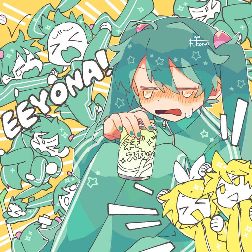 hatsune miku, kagamine rin, and kagamine len (vocaloid and 1 more) drawn by fukomo