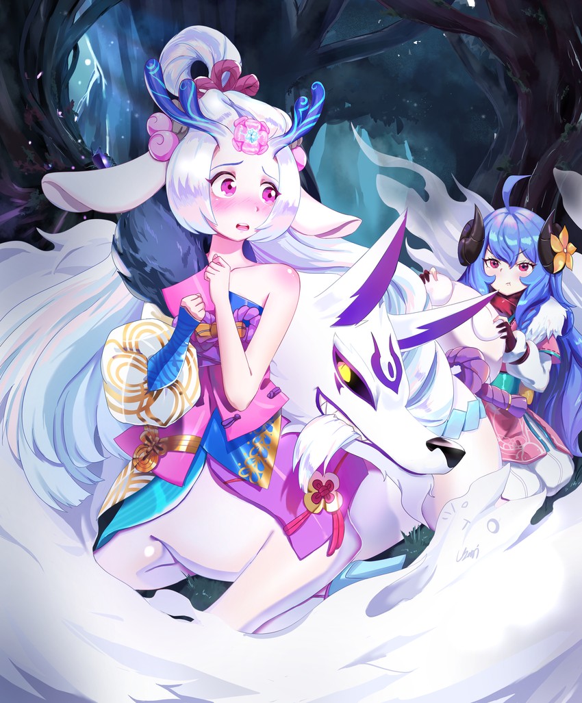 kindred, lamb, wolf, spirit blossom kindred, lillia, and 1 more (league of legends) drawn by monane4