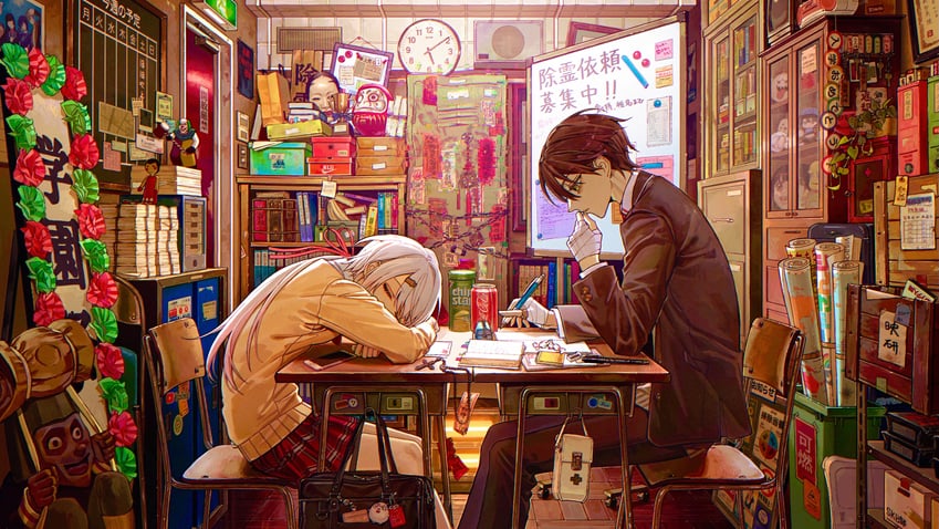 shiina yuika, kenmochi touya, and peanuts-kun (nijisanji) drawn by denn_(naluse_flow)