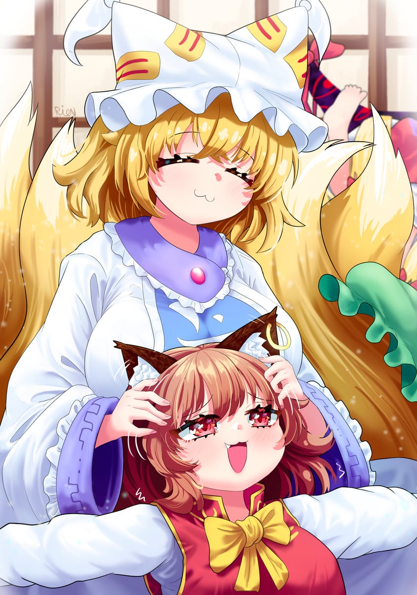 yakumo yukari, yakumo ran, and chen (touhou) drawn by rion_(user_ufvg8527)