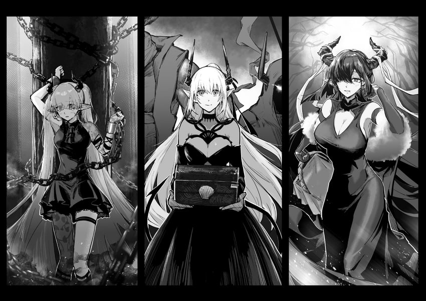 qalaisa, chained sarkaz girl, and dancing sarkaz lady (arknights) drawn by utsuke