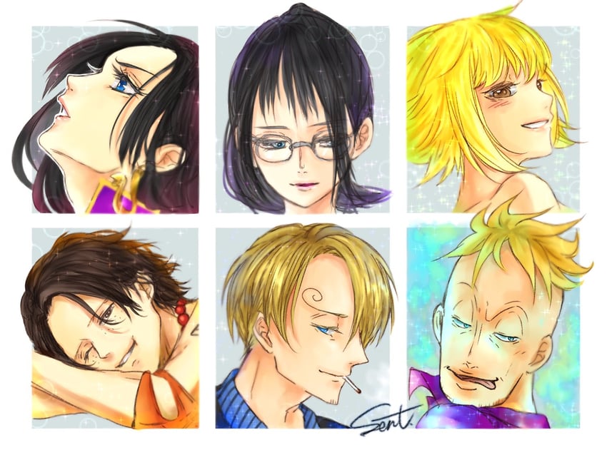 sanji, boa hancock, portgas d. ace, marco, tashigi, and 1 more (one piece) drawn by sj0302