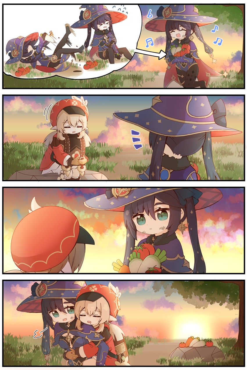 mona, klee, and dodoco (genshin impact) drawn by yoshinao_(yoshinao_0203)
