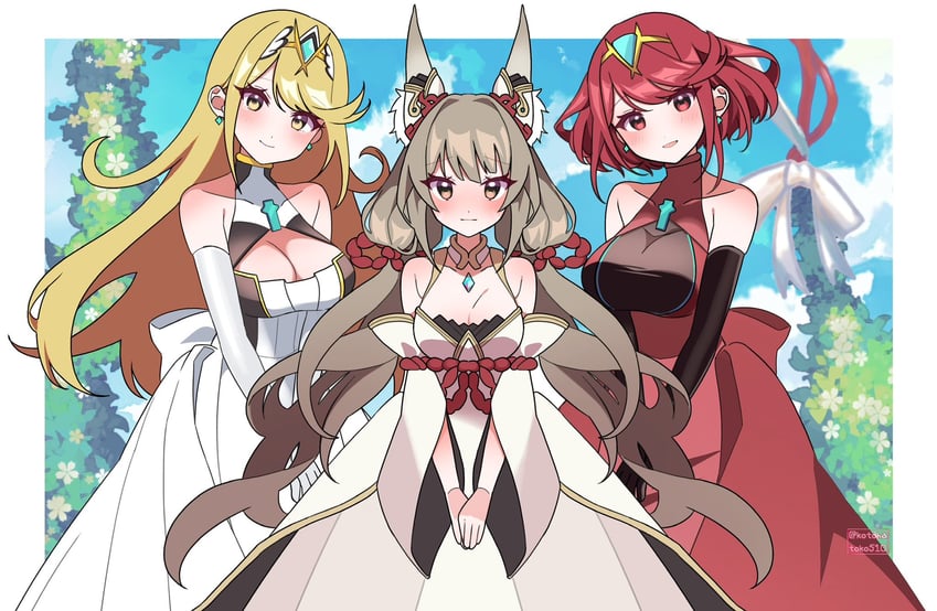 pyra, mythra, and nia (xenoblade chronicles and 1 more) drawn by kotohatoko510