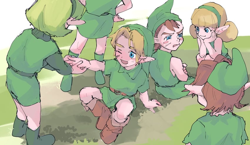 link, young link, saria, mido, and fado (the legend of zelda and 1 more) drawn by yamori_(yamoooon21)