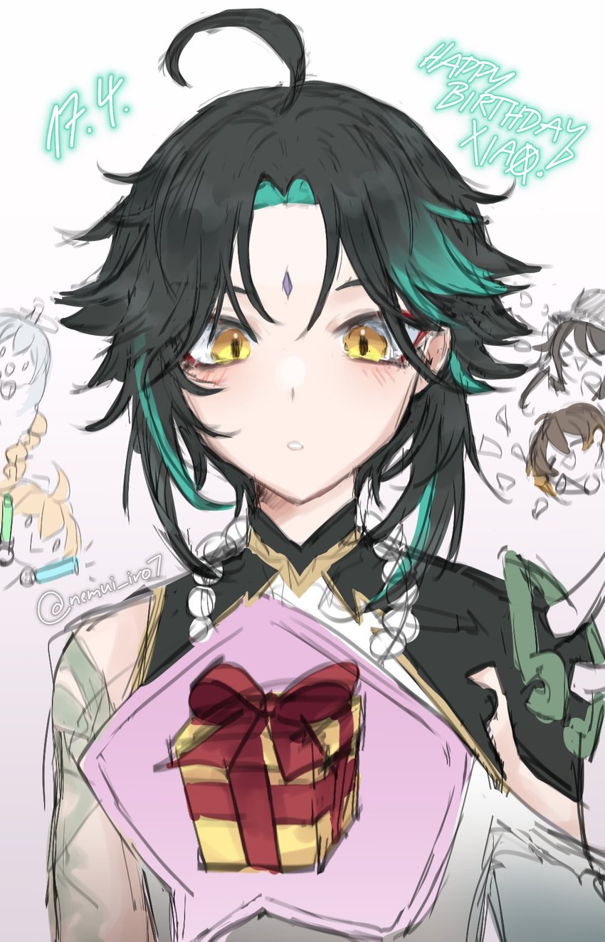 hu tao, aether, zhongli, paimon, and xiao (genshin impact) drawn by nnemophi