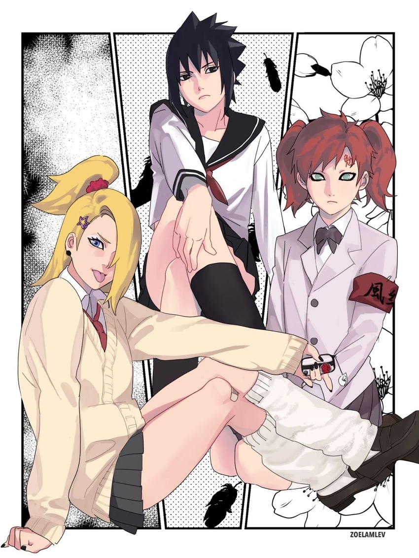 uchiha sasuke, deidara, and gaara (naruto and 1 more) drawn by zoelamlev33