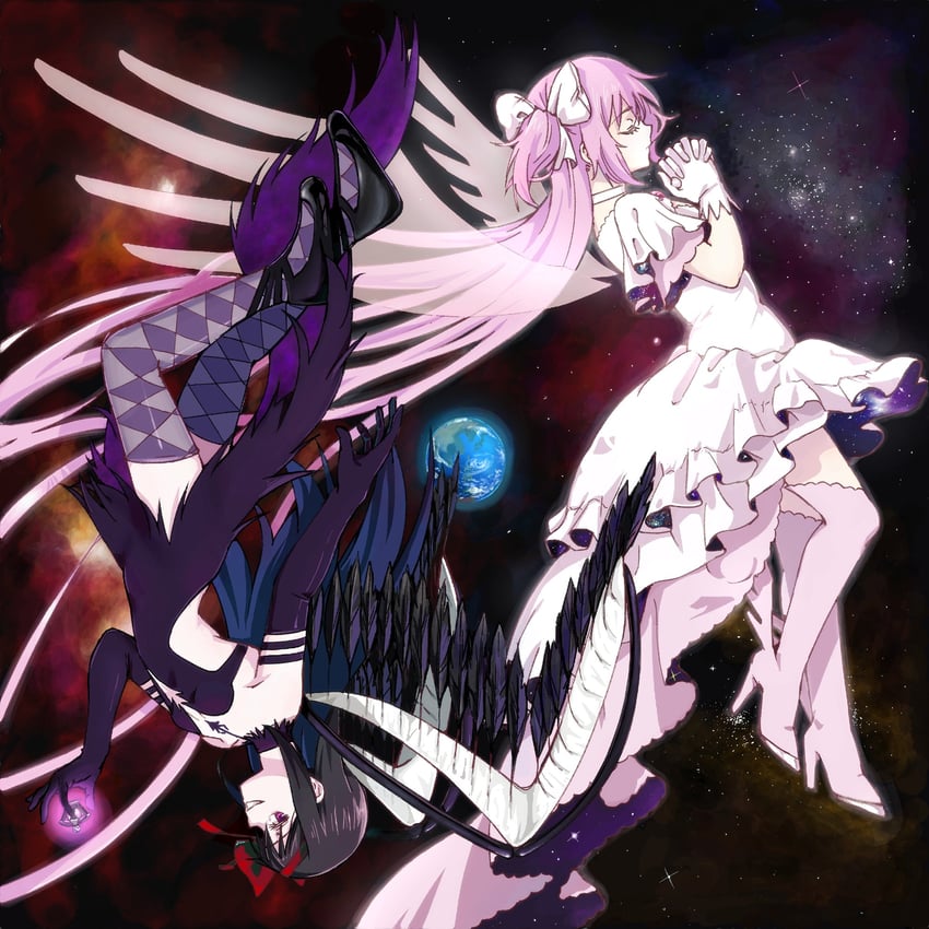 akemi homura, kaname madoka, ultimate madoka, and akuma homura (mahou shoujo madoka magica and 1 more) drawn by monznyan