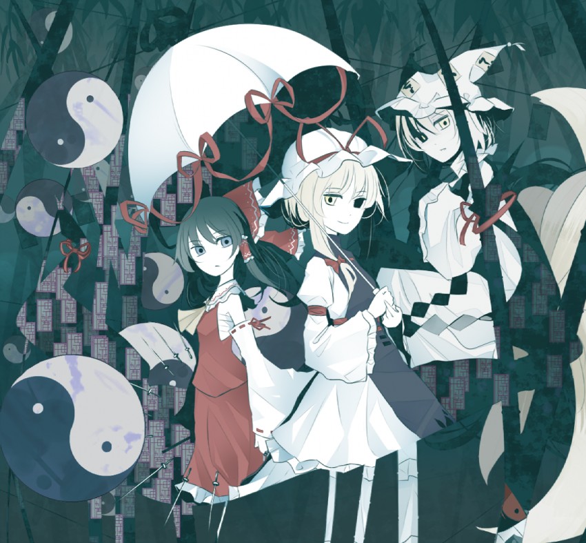 hakurei reimu, yakumo yukari, and yakumo ran (touhou) drawn by kazeharu
